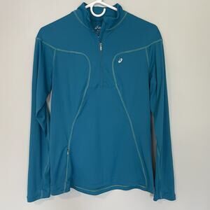 Asics Womens Sz M‎ Teal Blue 1/4 Zip Long Sleeve Athletic Pullover Thumb Shirt
